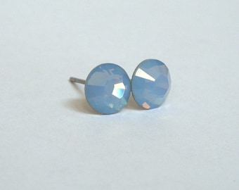 Blue Opal Swarovski Crystal Earrings Studs - Pale Air Opal Crystals on Surgical Steel Posts