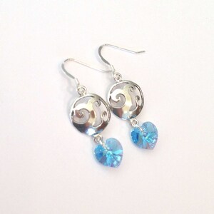 Ocean Wave Sterling Silver and Swarovski Crystal Earrings, Aqua Heart Crystals