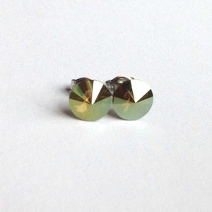 Iridescent Green Swarovski Crystal Earrings Studs - Rivoli Crystals Stud Gift under 15 Bridesmaid Jewelry