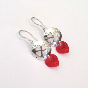 Heart Clover Sterling Silver and Swarovski Crystal Earrings, Red Heart Crystals