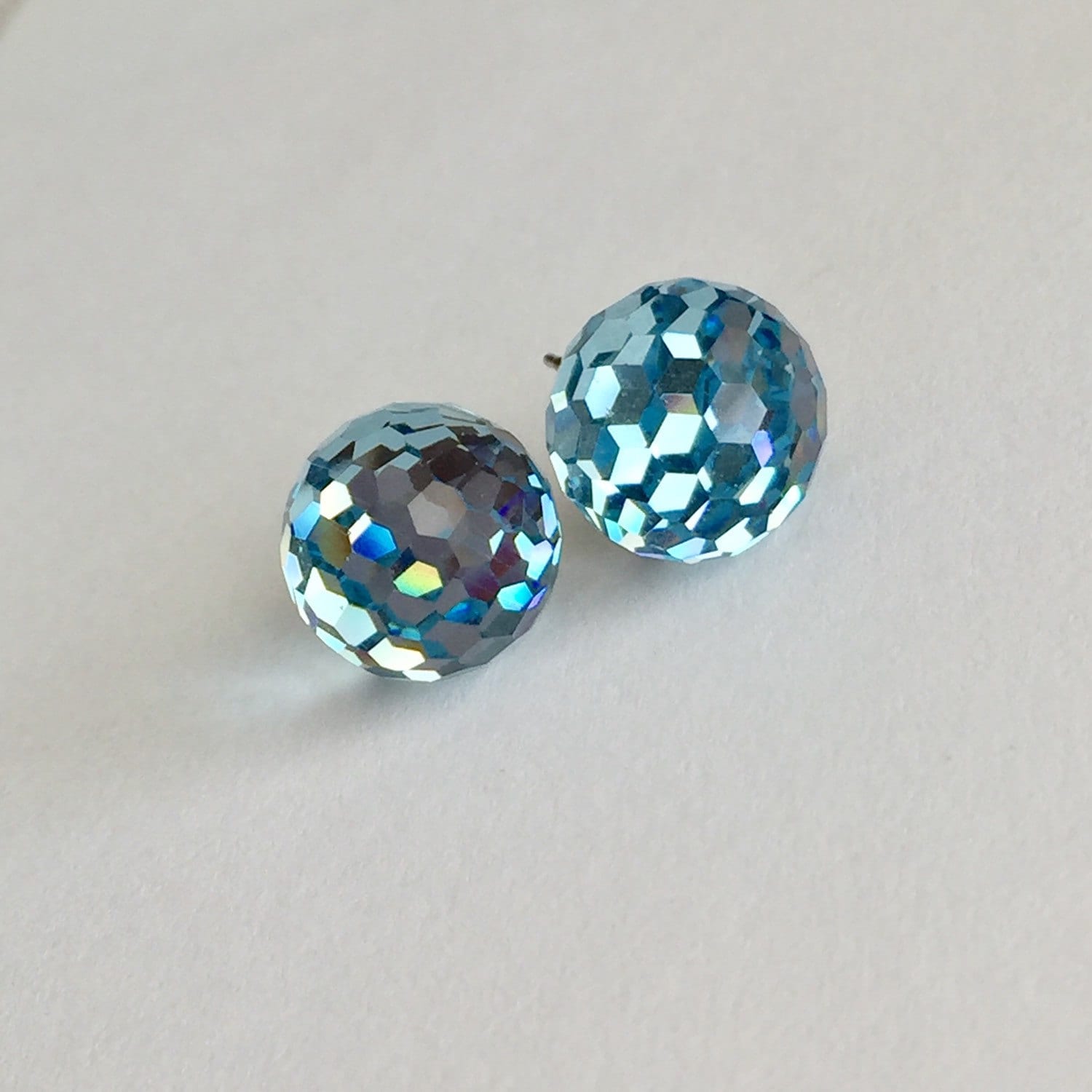 Aquamarine Swarovski Crystal Large Faceted Round Stud Earrings on