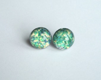 Green Opal Glass Cabochon Earrings Studs Surgical Steel Posts - Stud with Round Glass Cabochons