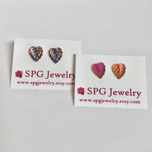 Leaf Pressed Glass Stud Earrings, Pink Matte or Topaz Aurora Borealis