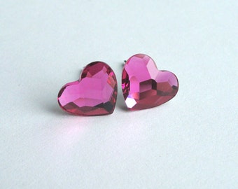 Pink Heart Studs Swarovski Crystal Earrings Surgical Steel Posts Stud Mini Hearts Crystals Fuchsia