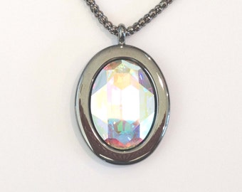 Large Swarovski Crystal Statement Necklace in Aurora Borealis on Gunmetal Plate