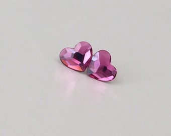 Tiny Fuchsia Pink Heart Studs Swarovski Crystal Earrings Surgical Steel Posts Stud Hearts Crystals