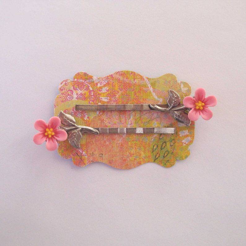 Pink Flower Cabochon Bobby Pins Set of 2 Antique Silver Hair Pins Vintage Look, Lilac Blossom image 3