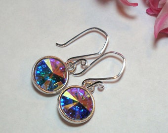 Boucles d’oreilles en cristal Swarovski sur fils d’oreille en argent sterling - Aurora Borealis Rivoli Crystals - Pink, Aqua Sparkle