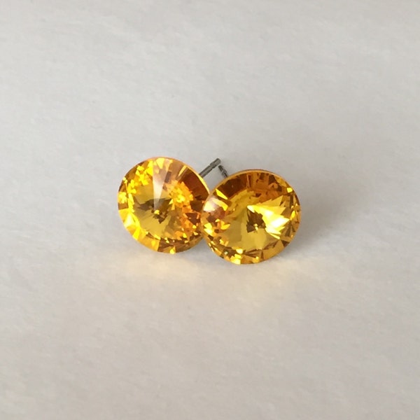 Yellow Swarovski Crystal Earrings Studs - Rivoli Crystal in Sunflower Gift under 15 Bridesmaid Jewelry