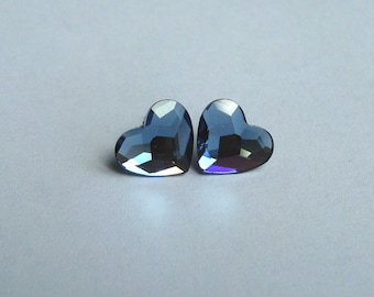 Denim Blue Heart Studs Swarovski Crystal Earrings Surgical Steel Posts Stud Mini Hearts Crystals