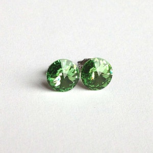 Green Swarovski Crystal Earrings Studs - Peridot Rivoli Crystals Stud Gift under 15 Bridesmaid Jewelry