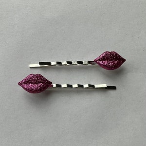 Hot Lips Bobby Pins Set of 2 Silver Hair Pins with Pink Glitter Lips - Hot Kiss