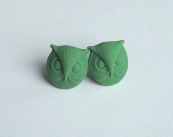 Green Owl Earrings, Owls on Surgical Steel Studs, Post, Gift under 10, Color of the Year Stud