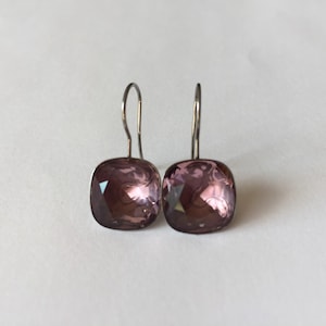 Antique Pink Swarovski Crystal Earrings Fancy Cushion Cut Dusty Rose Dangle Drop Earring