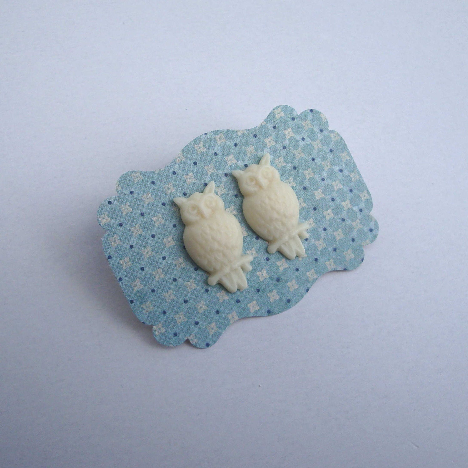 Owl Earrings - Owls on Surgical Steel Studs, Post, Cream, Gift under 10, Neutral, Off-White or Gray