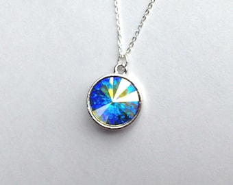 Aurora Borealis Large Swarovski Crystal Pendant Necklace, Sterling Silver Chain, Pink, Blue Crystals