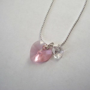 Pink Swarovski Crystal Heart Necklace with Clear Heart Accent, Gifts for Her, Spring Jewelry