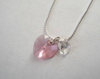 Pink Swarovski Crystal Heart Necklace with Clear Heart Accent, Gifts for Her, Spring Jewelry