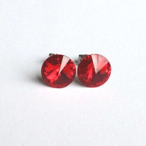 Red Swarovski Crystal Earrings Studs - Rivoli Crystal in Light Siam Gift under 15 Bridesmaid Jewelry