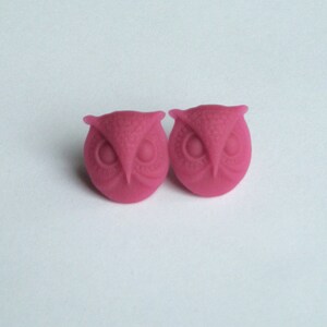 May include: A pair of pink owl-shaped stud earrings.