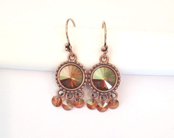 Copper Swarovski Crystal Earrings on Copper Ear Wires - Rivoli Crystal Modern Autumn Fall Jewelry