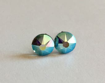 Pendientes de cristal de Swarovski turquesa con pasadores de acero quirúrgico Pendientes de aurora boreal de aguamarina con cristales de turquesa