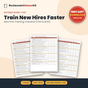 May include: A digital restaurant training checklist document set titled Train New Hires Faster, featuring sections for Front of House and Back of House staff. The pages include tables for orientation, safety, and job-specific tasks in Word and PDF.
