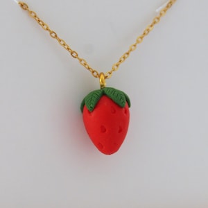 Strawberry Pendant Necklace - Polymer Clay Fruit Charm - Gold or Silver Chain - Handmade Summer Jewelry - Cute Berry Gift Idea - Girly Gift