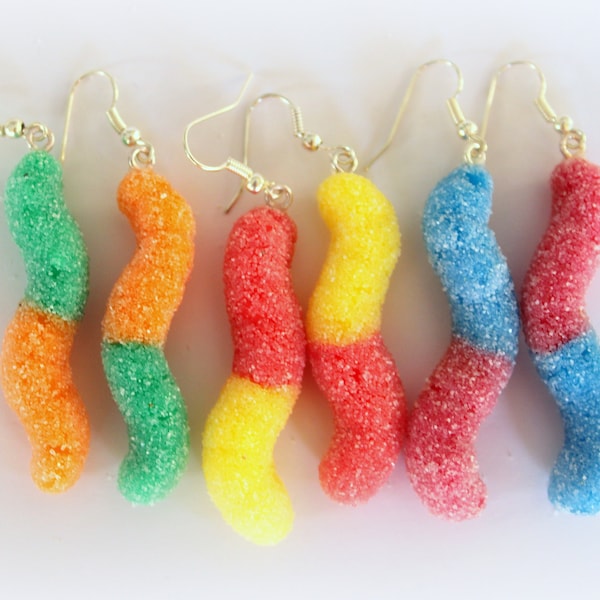 Sour Gummy Worm Earrings, Sour Worm Earrings, Candy Earrings, Polymer Clay Candy, Food Earrings, Fake Food Jewelry, Dangle Earrings, Kawaii
