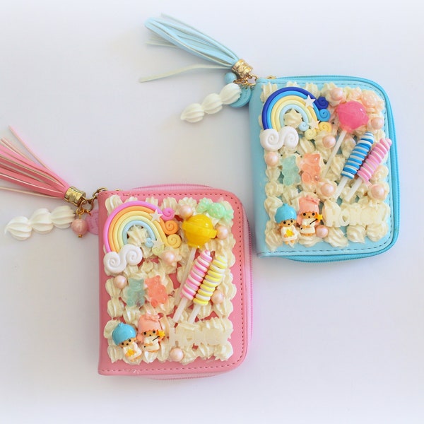 Portefeuille Decoden, sac à main Decoden Kawaii, portefeuille rose pastel, cabochons sucrés mignons de bonbons, cadeau pour les adolescents, crème fouettée Decoden, mini portefeuille