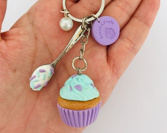 Polymer Clay Cupcake Keychain, Food Jewelry, Pastel Cupcake Sprinkles, Dollhouse Food, Chocolate Spoon, Birthday Gift, Miniature Sweet