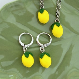 Lemon Jewelry Set - Pendant & Hoop Earrings - Polymer Clay Mini Fruit – Gold or Silver Hoops - Handmade Summer Gift - Citrus Charm Set