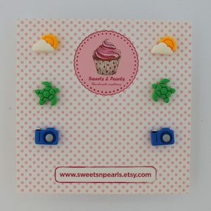 Polymer Clay Summer Stud Pack, Clay Sea Life Earring Studs, Summer Beach Themed Earrings, Turtle Stud Earrings, Summer time Earrings.
