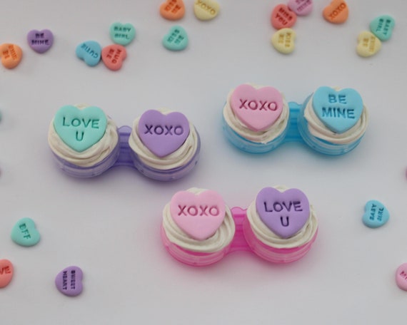 Valentine's Day Decoden Contact Lens Case - Polymer Clay Conversation Hearts - Cute Conversation Hearts - Kawaii Love - Travel Accessory