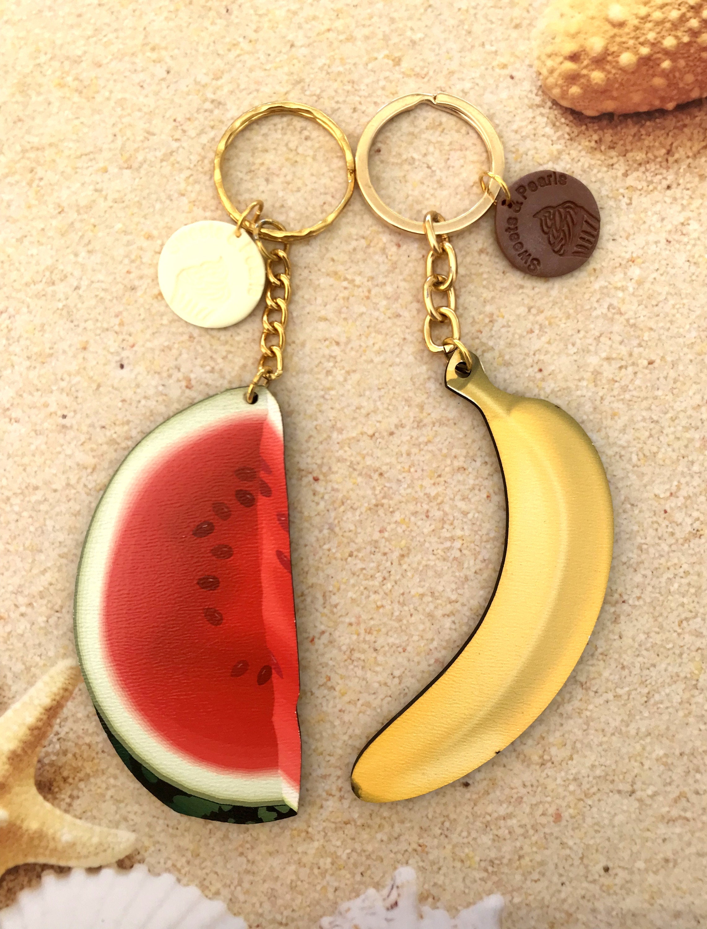 Wooden Fruits Keychain, Wooden Banana Keychain, Wooden Watermelon