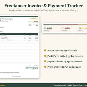 Freelancer invoice and payment tracker spreadsheet with a printable invoice and outstanding, overdue and received totals