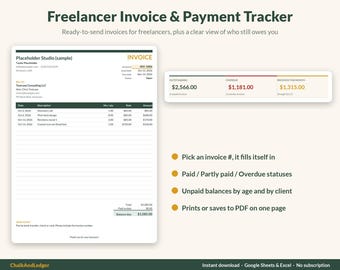 May include: A digital freelancer invoice and payment tracker template featuring a sample invoice document, a financial summary dashboard, and a list of features including automated invoice numbering, payment status tracking, and PDF export.
