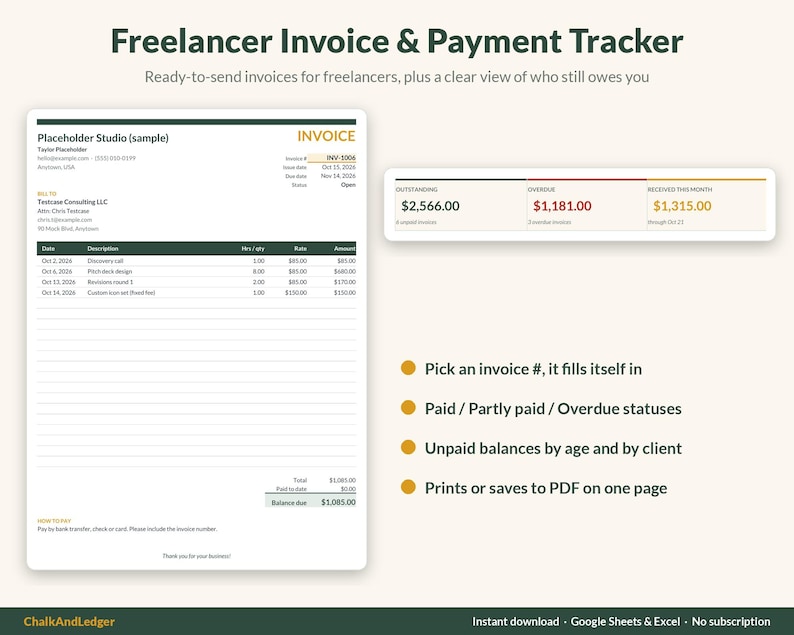 Freelancer invoice and payment tracker spreadsheet with a printable invoice and outstanding, overdue and received totals
