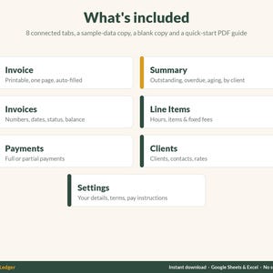 What's included: 8 connected tabs, a sample copy, a blank copy and a quick-start PDF guide