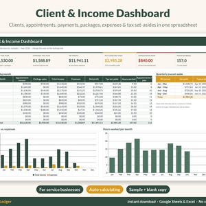 May include: A digital Client & Income Dashboard spreadsheet template for service businesses. The interface displays financial data, including income, expenses, net profit, tax set-asides, and hours worked, with bar charts visualizing monthly trends.