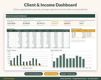 May include: A digital Client & Income Dashboard spreadsheet template for service businesses. The interface displays financial data, including income, expenses, net profit, tax set-asides, and hours worked, with bar charts visualizing monthly trends.