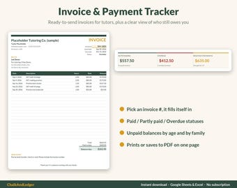 May include: An Invoice & Payment Tracker template featuring a sample invoice document with columns for date, description, hours, rate, and amount. A summary box displays outstanding, overdue, and received totals. Text includes bullet points about invoice features.