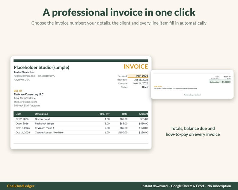 Printable invoice that fills in your details, the client and every line item when you pick the invoice number