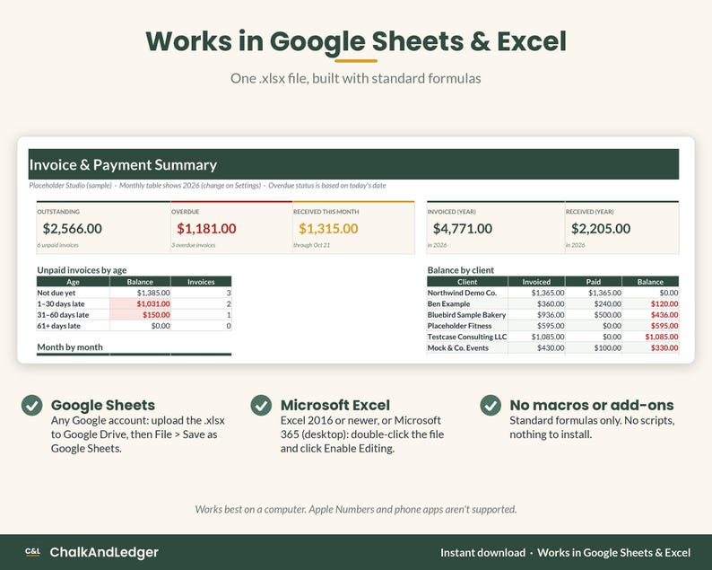 Works in Google Sheets and Excel 2016 or newer, standard formulas only