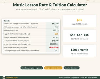 May include: A digital Music Lesson Rate & Tuition Calculator spreadsheet interface. It displays financial results including revenue, hourly rates, and teaching hours. Three white boxes show rates of $85, $47, $67, and $201 per month.