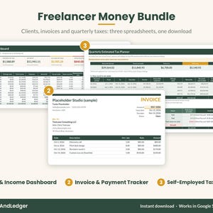 May include: A digital Freelancer Money Bundle featuring three spreadsheets: a Client & Income Dashboard, an Invoice & Payment Tracker, and a Quarterly Estimated Tax Planner. The documents display financial data, tables, and invoice templates.