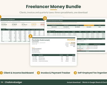 May include: A digital Freelancer Money Bundle featuring three spreadsheets: a Client & Income Dashboard, an Invoice & Payment Tracker, and a Quarterly Estimated Tax Planner. The documents display financial data, tables, and invoice templates.