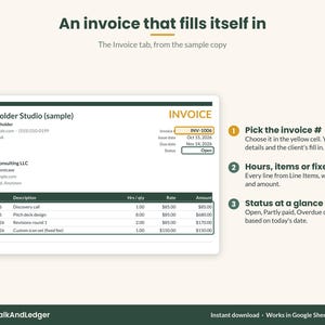 The printable Invoice tab with hours, items and fixed fees