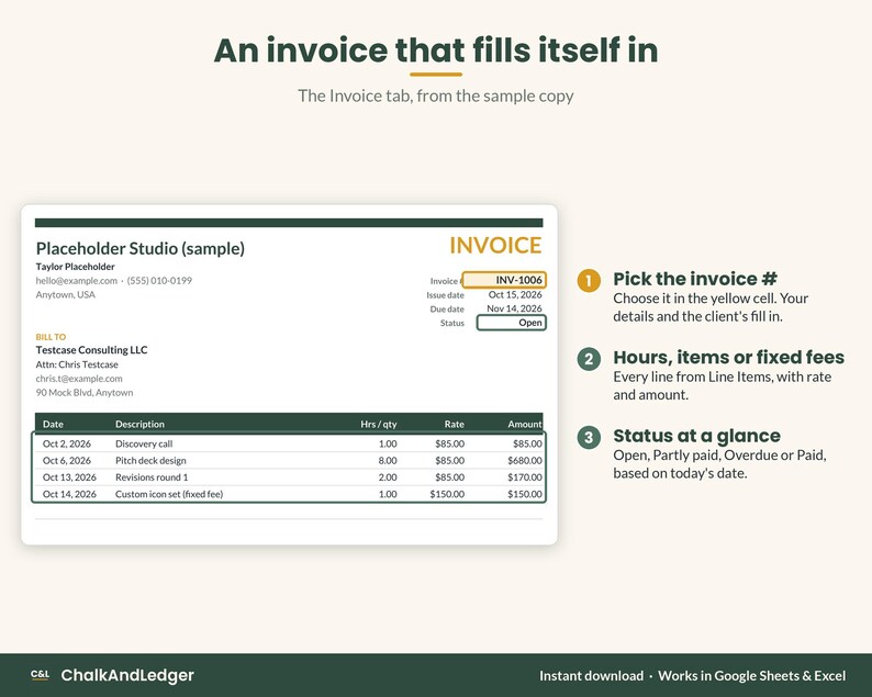 The printable Invoice tab with hours, items and fixed fees