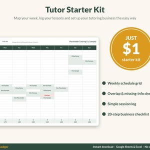 May include: A Tutor Starter Kit digital planner template featuring a weekly schedule grid with time slots, lesson logs, and business checklists. The interface includes text labels like Tutor Starter Kit, Just $1 starter kit, and ChalkAndLedger.